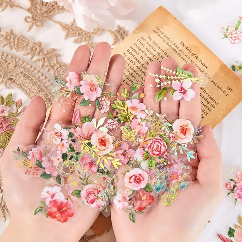 Sticker fiori rosa con lamina oro