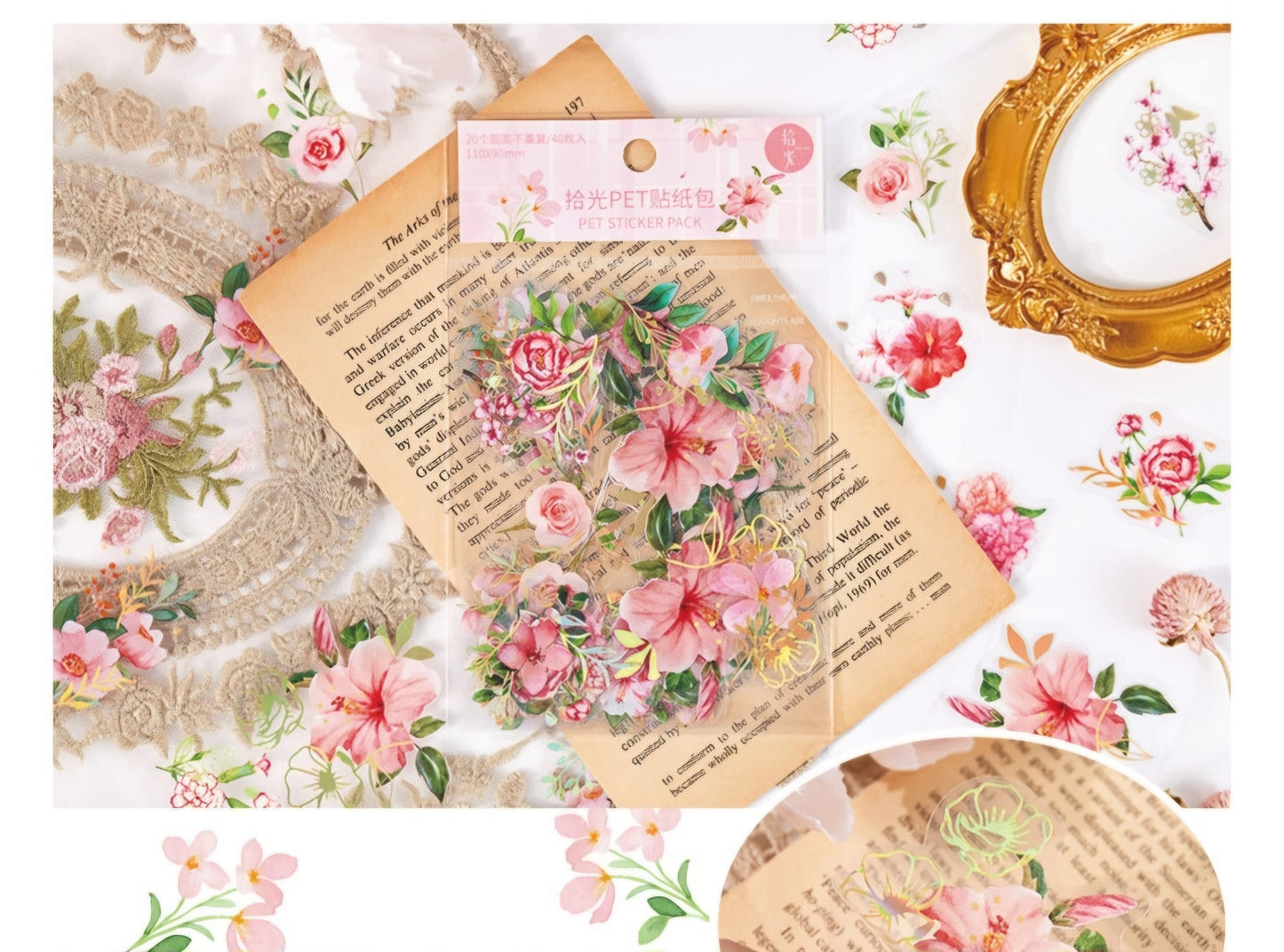 Sticker fiori rosa con lamina oro